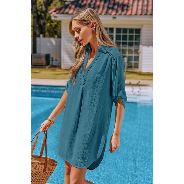 Robe cover up courte bleue col chemise