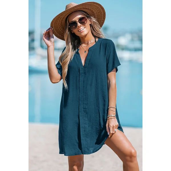 Robe cover up courte bleue col cranté manches courtes