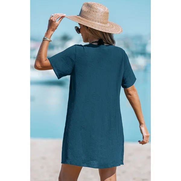 Robe cover up courte bleue col cranté manches courtes