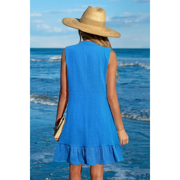 Robe cover up courte bleue col cranté