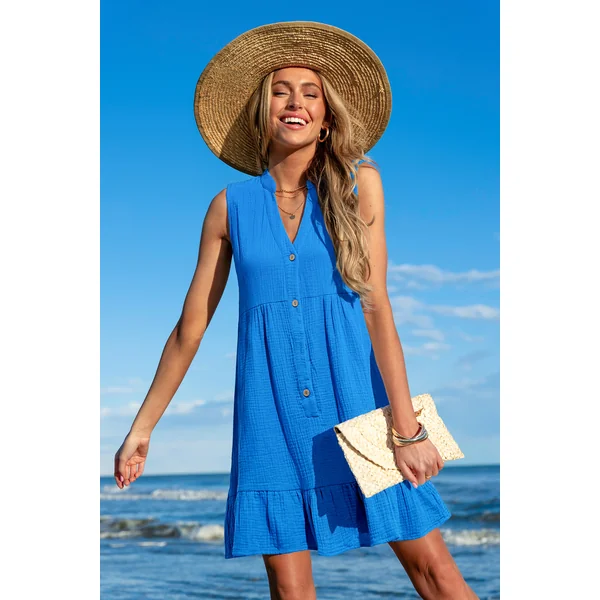 Robe cover up courte bleue col cranté