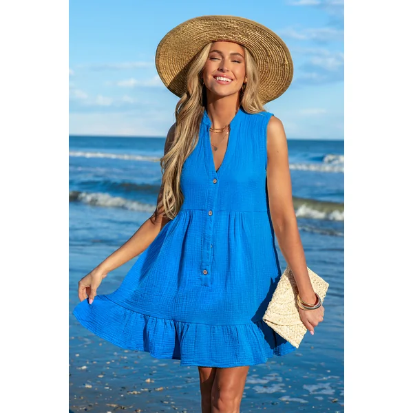 Robe cover up courte bleue col cranté