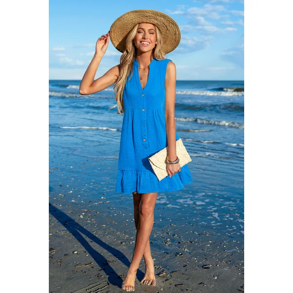 Robe cover up courte bleue col cranté