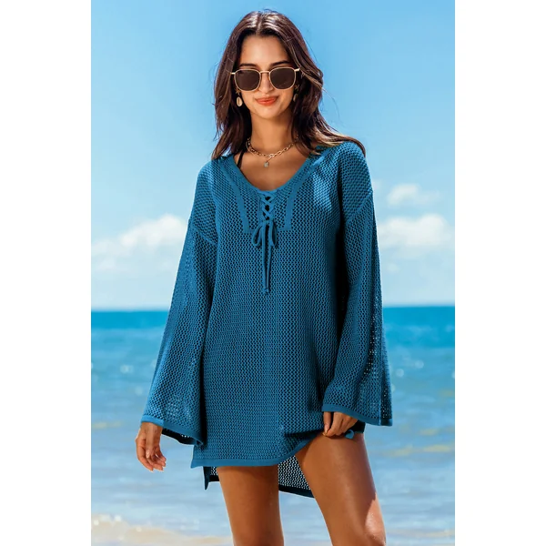 Robe cover up courte bleue manches de cloche