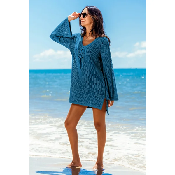 Robe cover up courte bleue manches de cloche