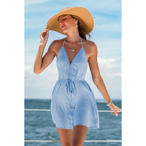 Robe cover up courte bleue tissée sans manches