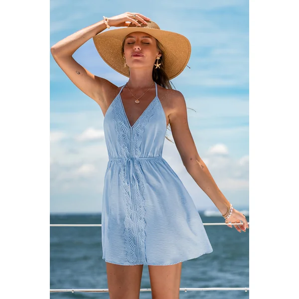 Robe cover up courte bleue tissée sans manches