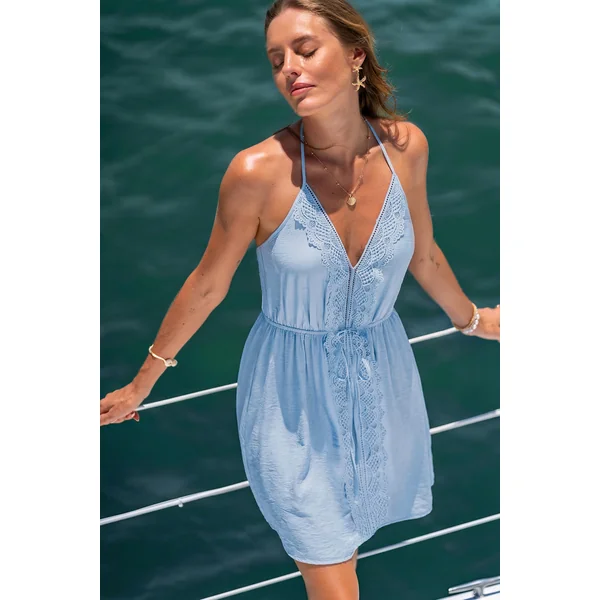 Robe cover up courte bleue tissée sans manches