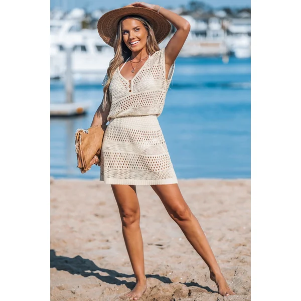 Robe cover up courte en crochet avec manches courtes beige