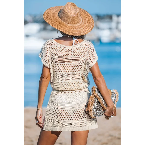 Robe cover up courte en crochet avec manches courtes beige