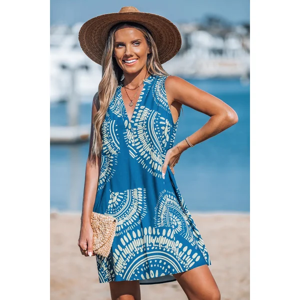 Robe cover up courte ornée bleue sans manches