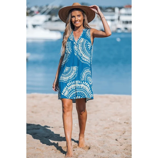 Robe cover up courte ornée bleue sans manches