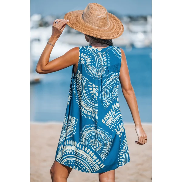Robe cover up courte ornée bleue sans manches