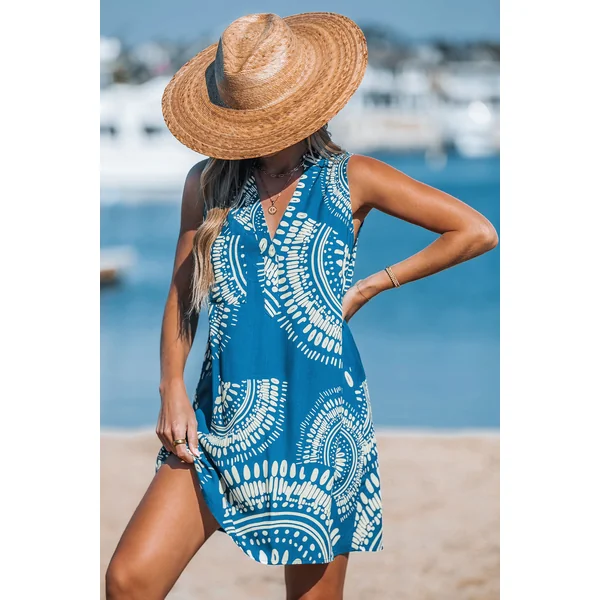 Robe cover up courte ornée bleue sans manches