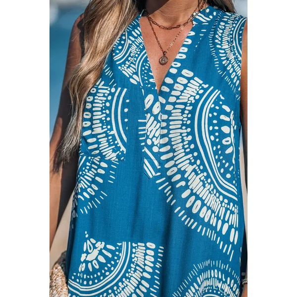 Robe cover up courte ornée bleue sans manches