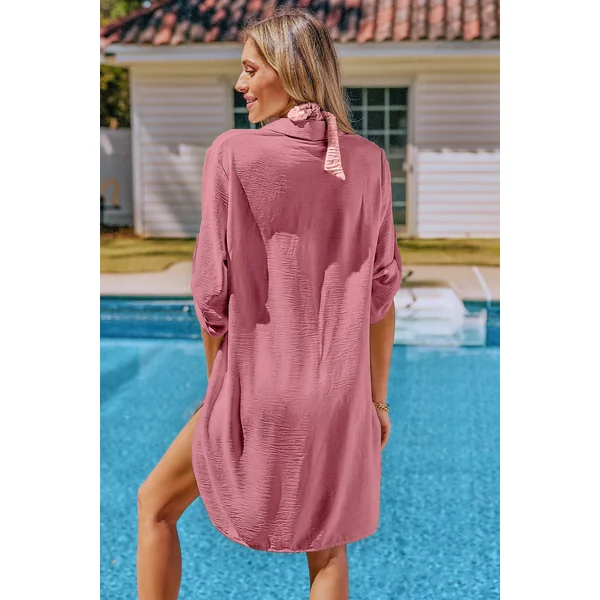 Robe cover up courte rose manches mi-longues