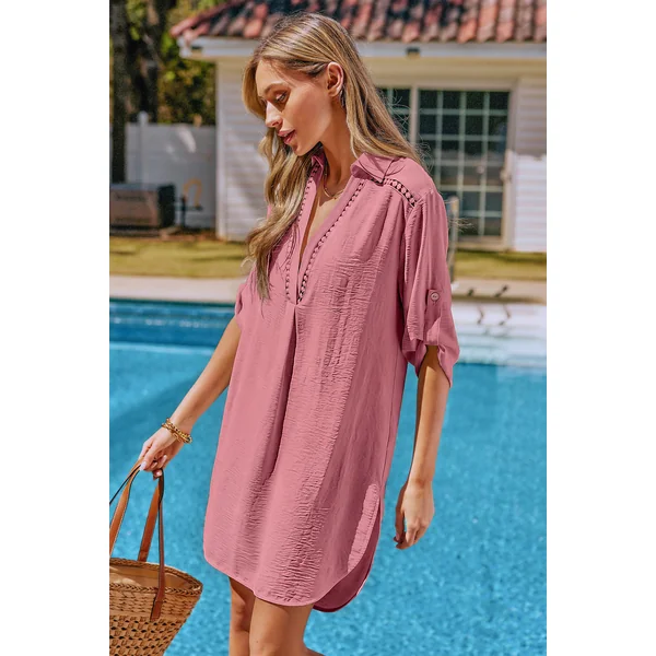 Robe cover up courte rose manches mi-longues