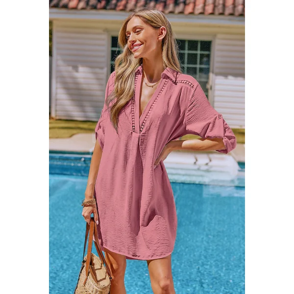Robe cover up courte rose manches mi-longues