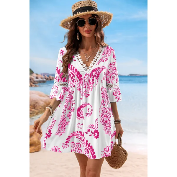 Robe cover up courte rose paisley empiècement transparent