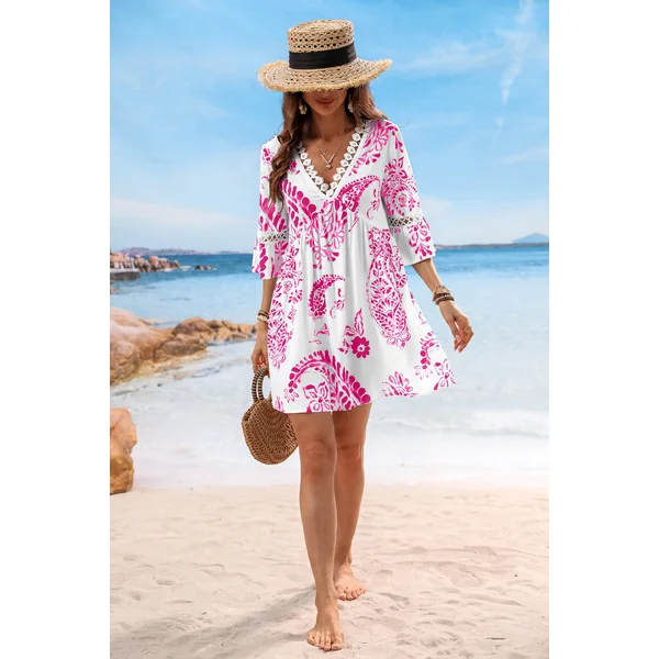 Robe cover up courte rose paisley empiècement transparent