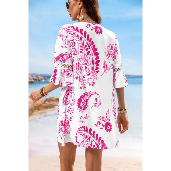 Robe cover up courte rose paisley empiècement transparent