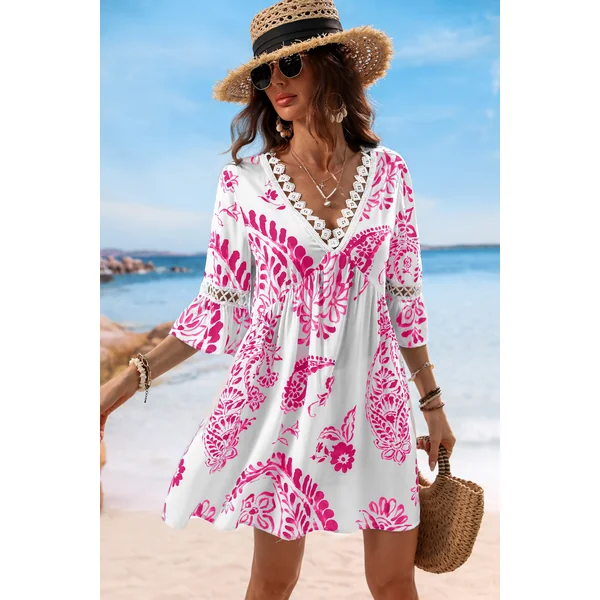 Robe cover up courte rose paisley empiècement transparent