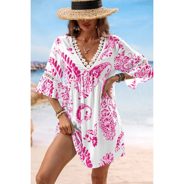 Robe cover up courte rose paisley empiècement transparent