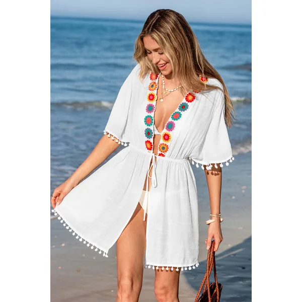 Robe cover up courte tissée blanche manches courtes