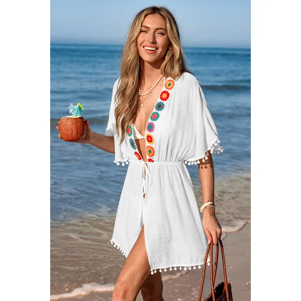 Robe cover up courte tissée blanche manches courtes