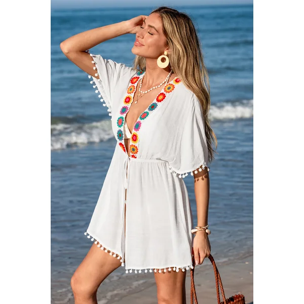 Robe cover up courte tissée blanche manches courtes