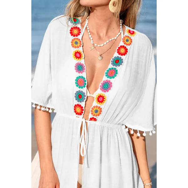 Robe cover up courte tissée blanche manches courtes