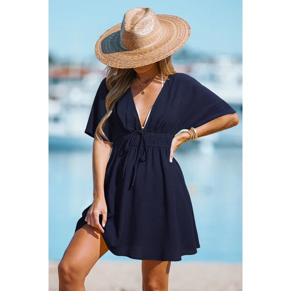 Robe cover up courte tissée bleu marine col plongeant