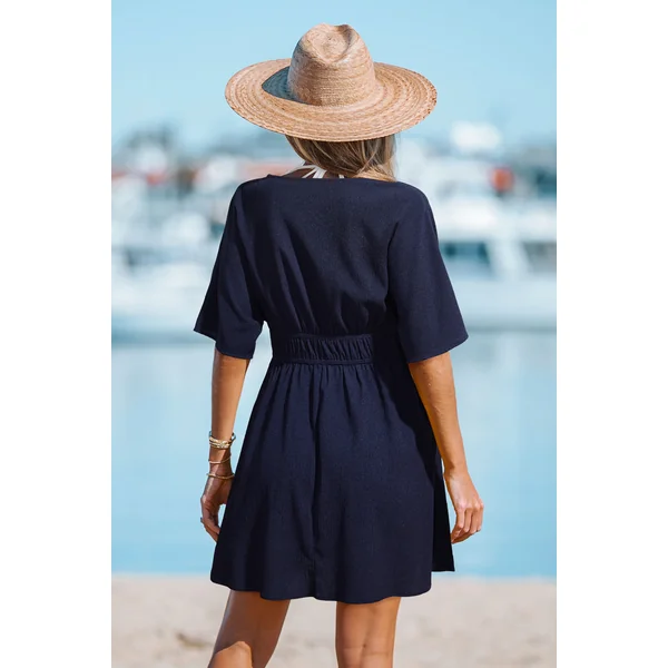 Robe cover up courte tissée bleu marine col plongeant