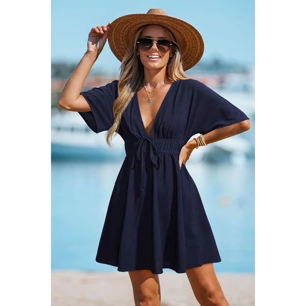 Robe cover up courte tissée bleu marine col plongeant