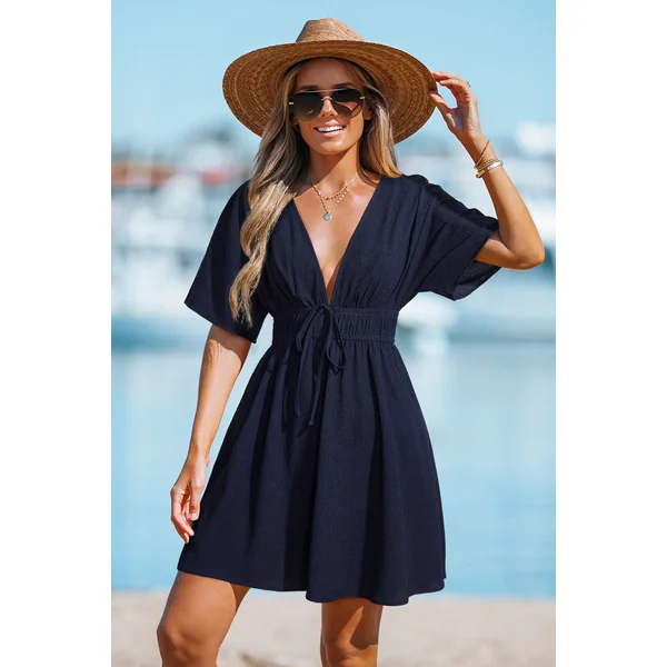 Robe cover up courte tissée bleu marine col plongeant