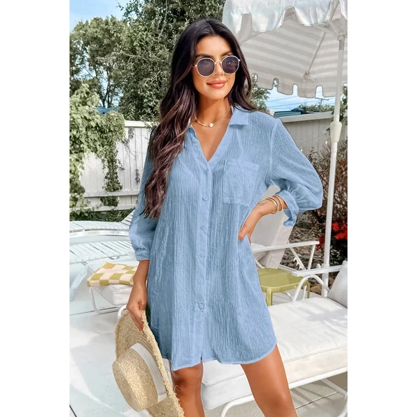 Robe cover up courte tissée bleue col de chemise