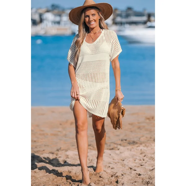 Robe cover up courte à manches courtes en crochet beige