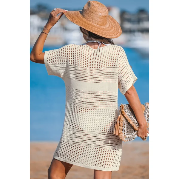 Robe cover up courte à manches courtes en crochet beige