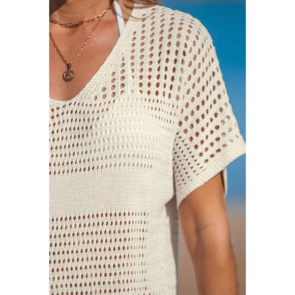 Robe cover up courte à manches courtes en crochet beige