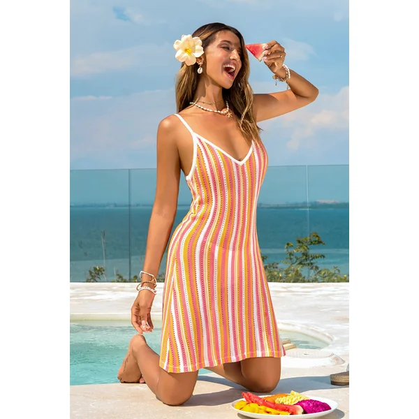 Robe cover up courte à rayures en tricot sans manches