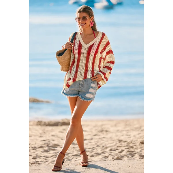 Robe cover up courte à rayures manches longues
