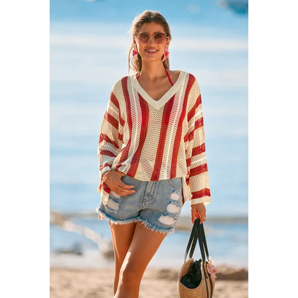 Robe cover up courte à rayures manches longues