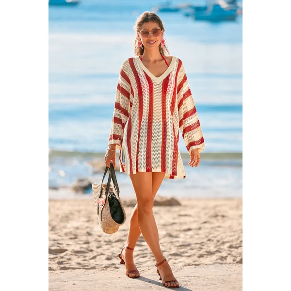 Robe cover up courte à rayures manches longues