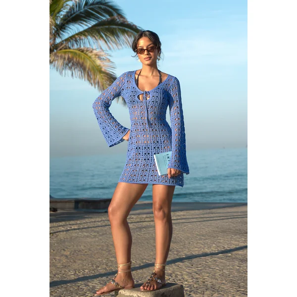 Robe cover up en tricot courte bleue manches longues