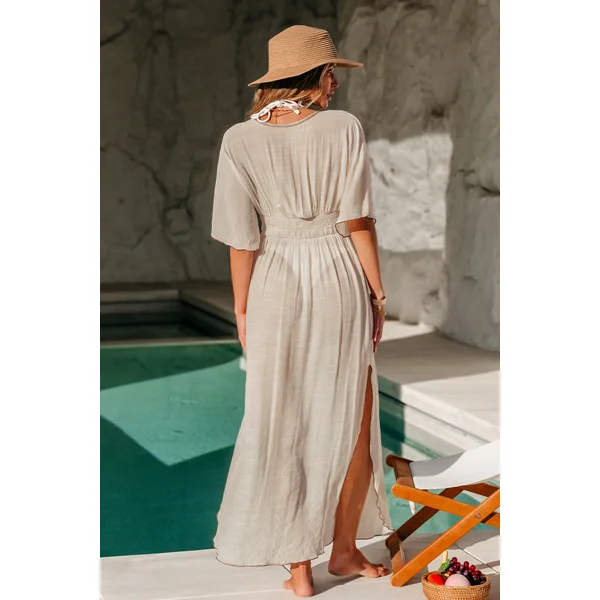 Robe cover up longue beige tissée ourlet fendu