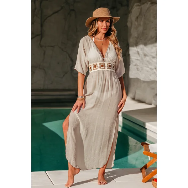 Robe cover up longue beige tissée ourlet fendu