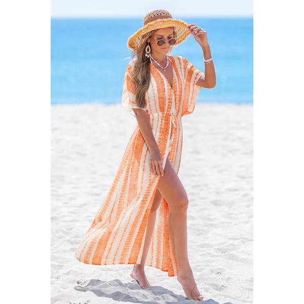 Robe cover up longue orange à rayures