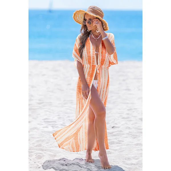 Robe cover up longue orange à rayures