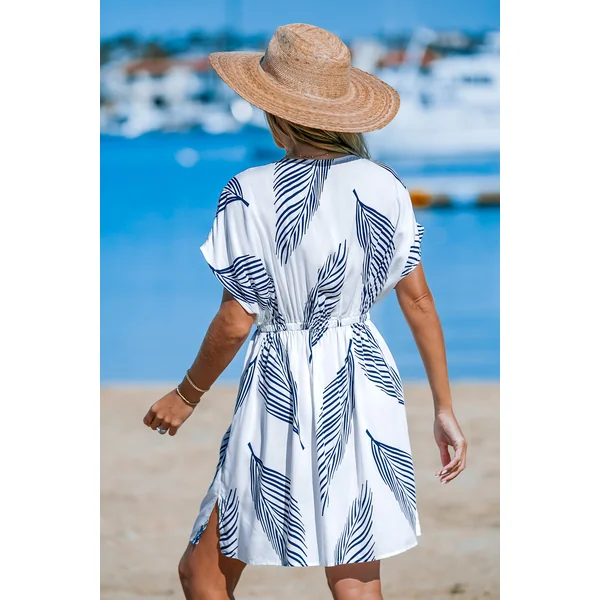 Robe cover up mini à manches dolman avec feuilles de palmier