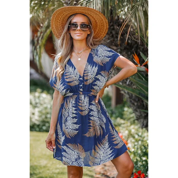 Robe cover up tropicale à col en V et manches courtes